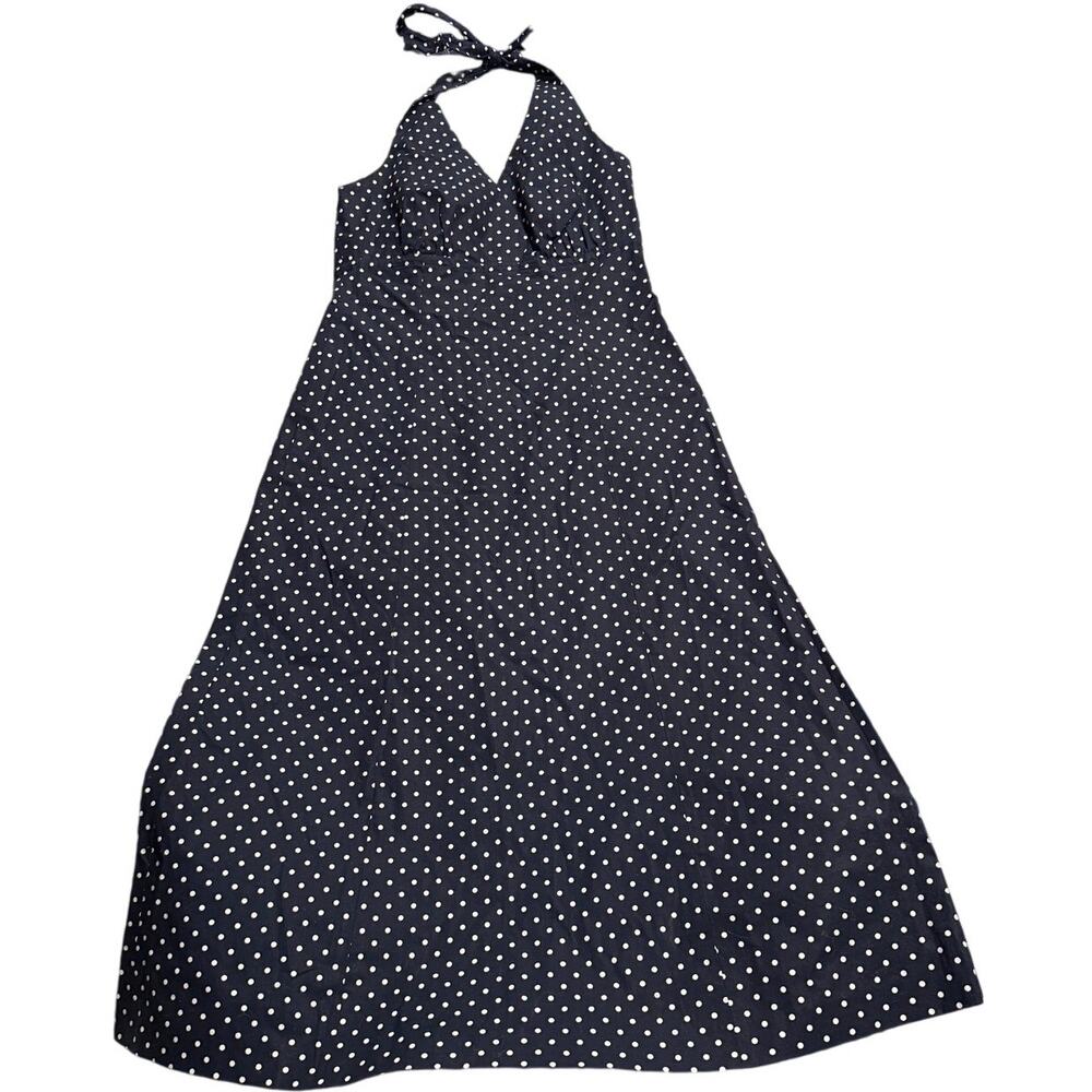Land's End Halter Midi Polka Dot Dress Womens 10 Navy Blue White Stretch Cotton